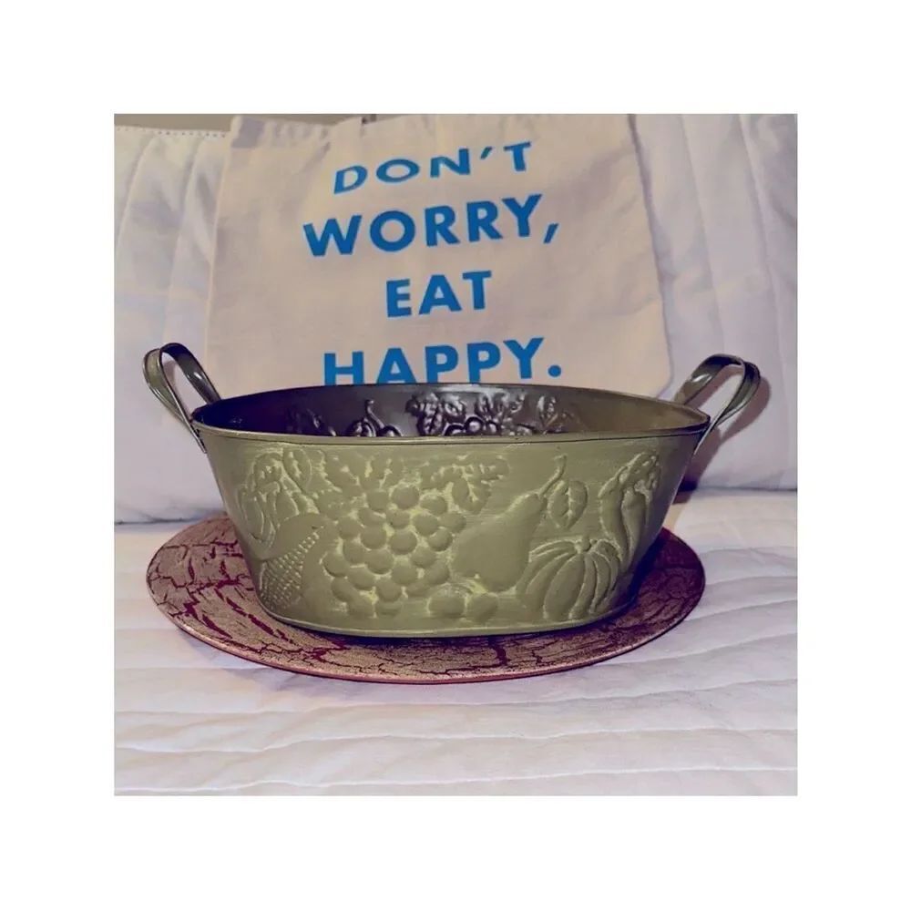 Metal Tin Bowl with Handles Green Fruit Harvest Dented Design